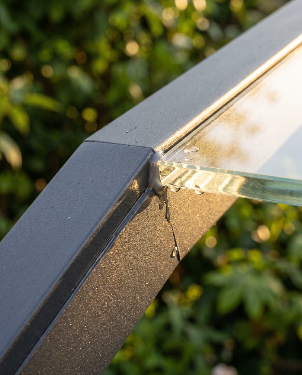 Close-up of an anthracite powder-coated aluminium veranda frame meeting the toughened glass roof