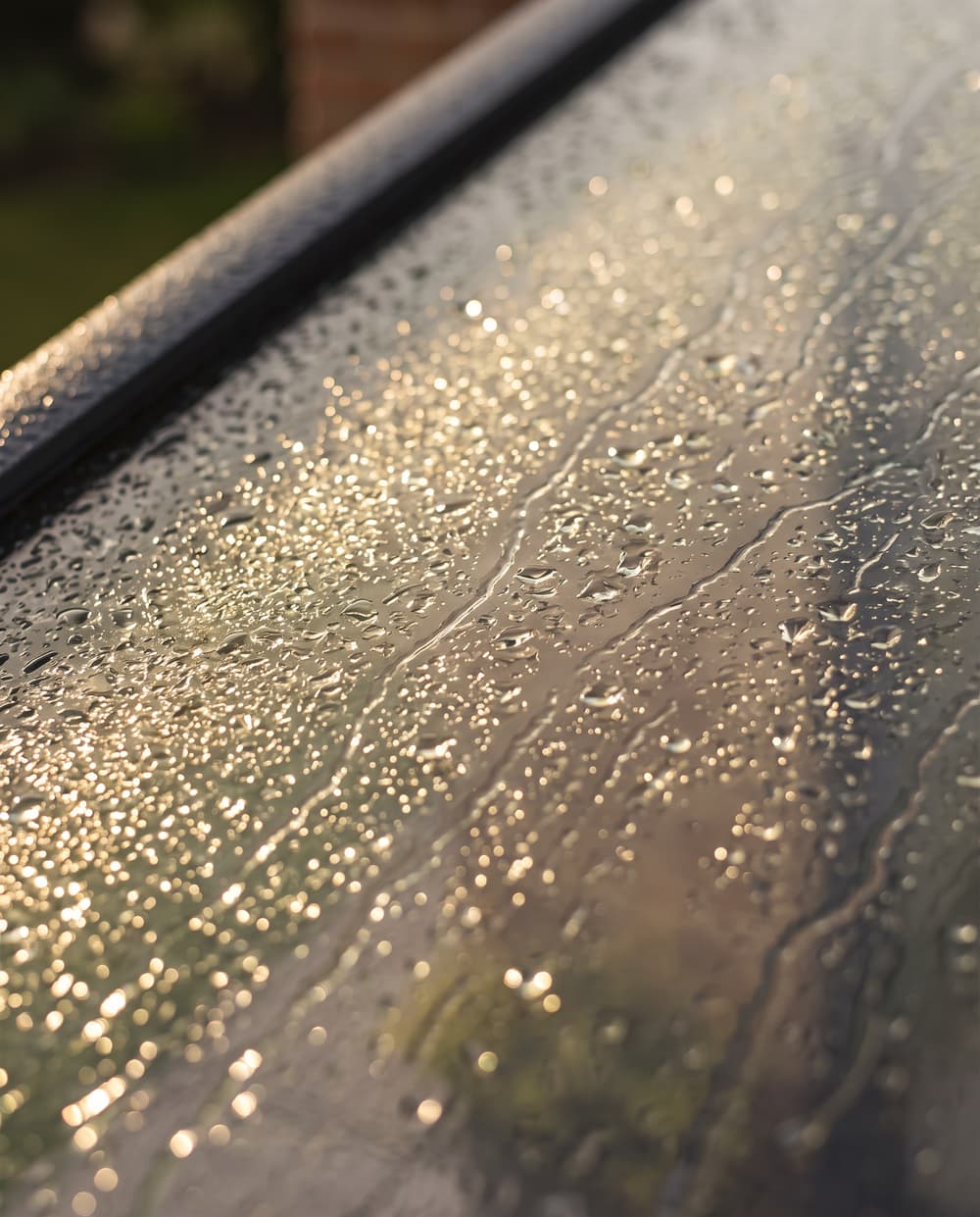 Raindrops on the toughened glass roof of a veranda, lit by warm afternoon sunlight